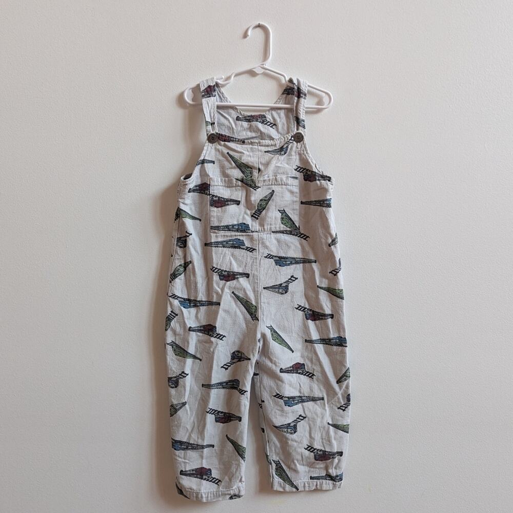 Vtg Y2K Painting Red Rhinos Overalls Boys Sz 4T Gray Train AOP